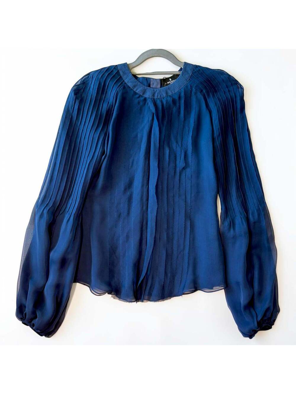 J. Mendel Paris Blue 100% Silk Pleated Chiffon Long Sleeve Blouse Size 4